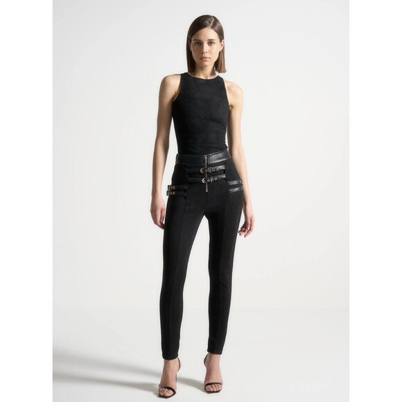 Maniere De Voir Womens Black Suede Buckle Detail Pants Stretch Front Zip 4 - Picture 2 of 9